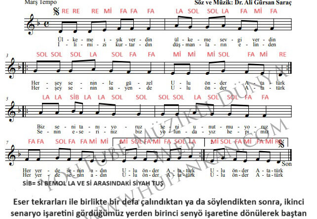 Ulu Önder Atatürk şarkısı 7. sınıf müzik dersi kitabı sayfa 16  melodika notaları ve çalma  ve söyleme videosu